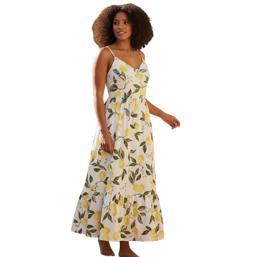 Layered with Love $128 Floral Lemon Print Maxi Sleeveless Lines Cotton Dress L